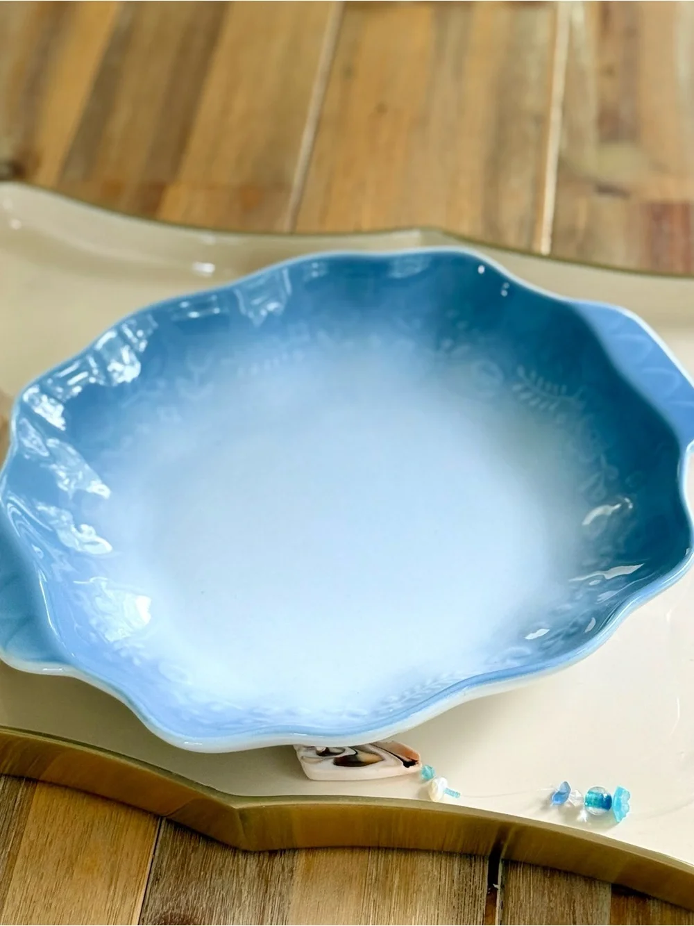 Ombré Blue Ceramic Serving Dish Floral Design